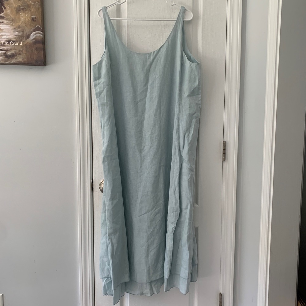 Eileen Fisher 100% Irish Linen Sleeveless Scoop Neck Midi Shift Dress Blue L